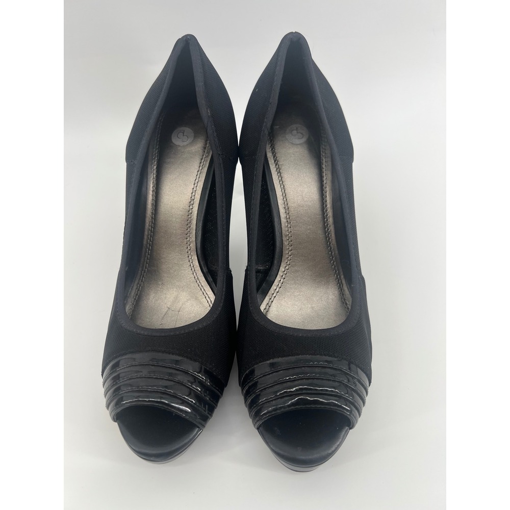 C.B. Peep Toe Pumps Womens 8.5M Black Patent Accent Platform Stiletto Heels